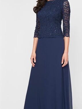 Alex Evenings Navy Lace Bodice Long Sleeve Evening Gown